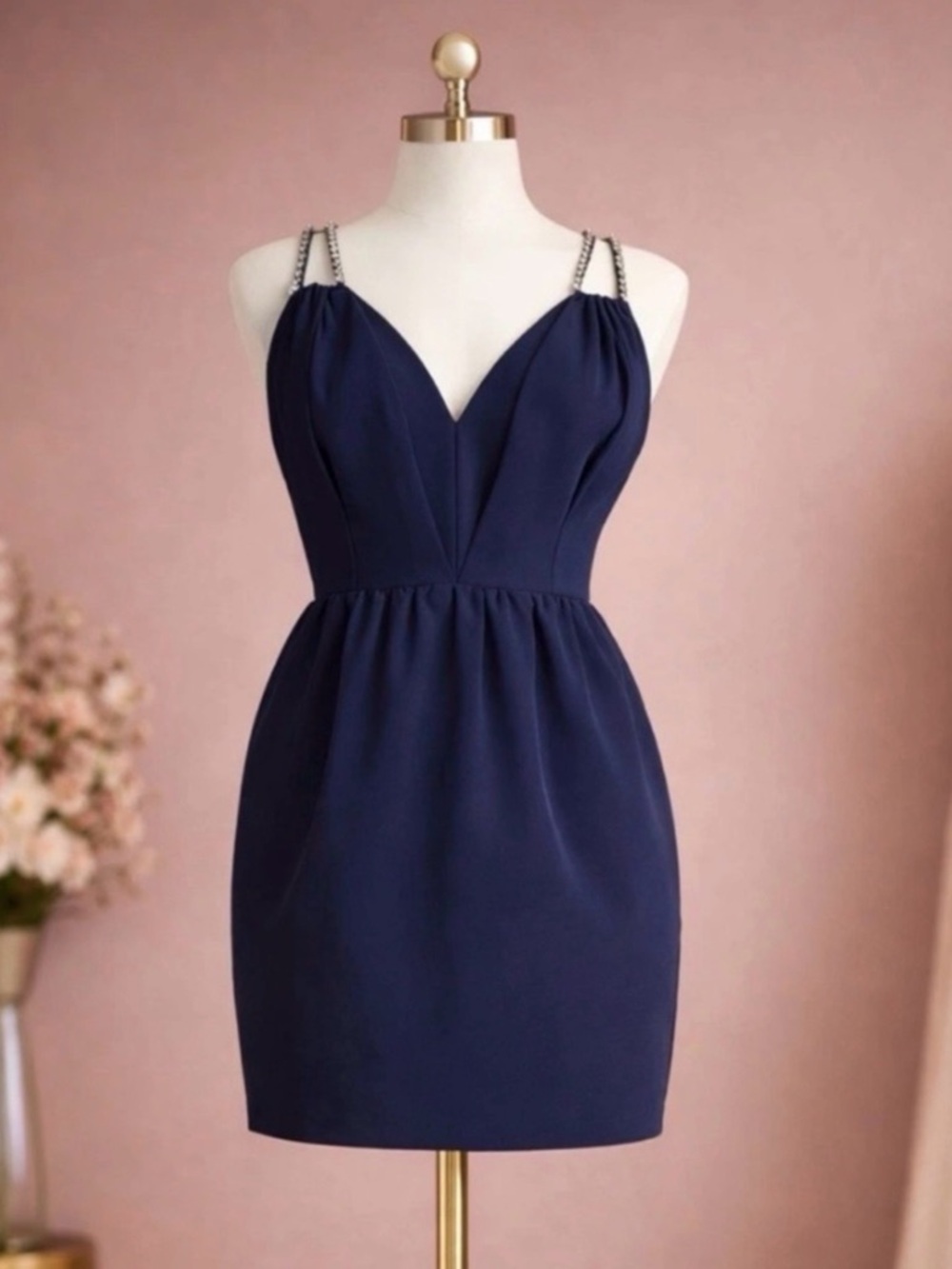 Halston Heritage Navy Beaded Strap Mini Dress Stretch Crepe 8 NWT